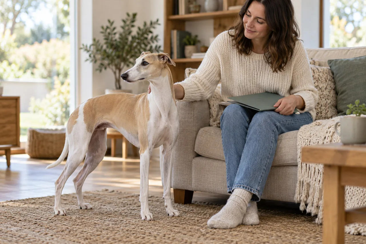 An owner seated indoors with a small tan-and-white dog and a folder